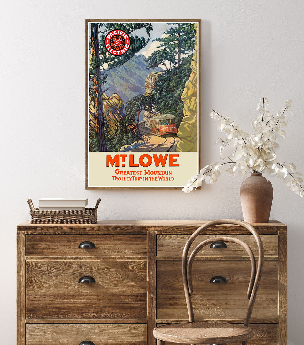 Thumbnail: Mount Lowe - Greatest Mtn. Trolley Trip in the world poster image with frame on a wall above a desk