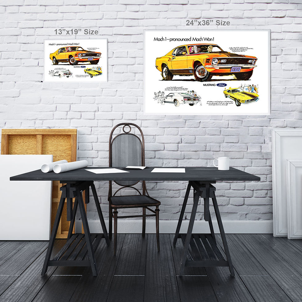 Thumbnail: Ford Mustang Mach I 1970 Vintage Advertising poster image with two sizes on a wall