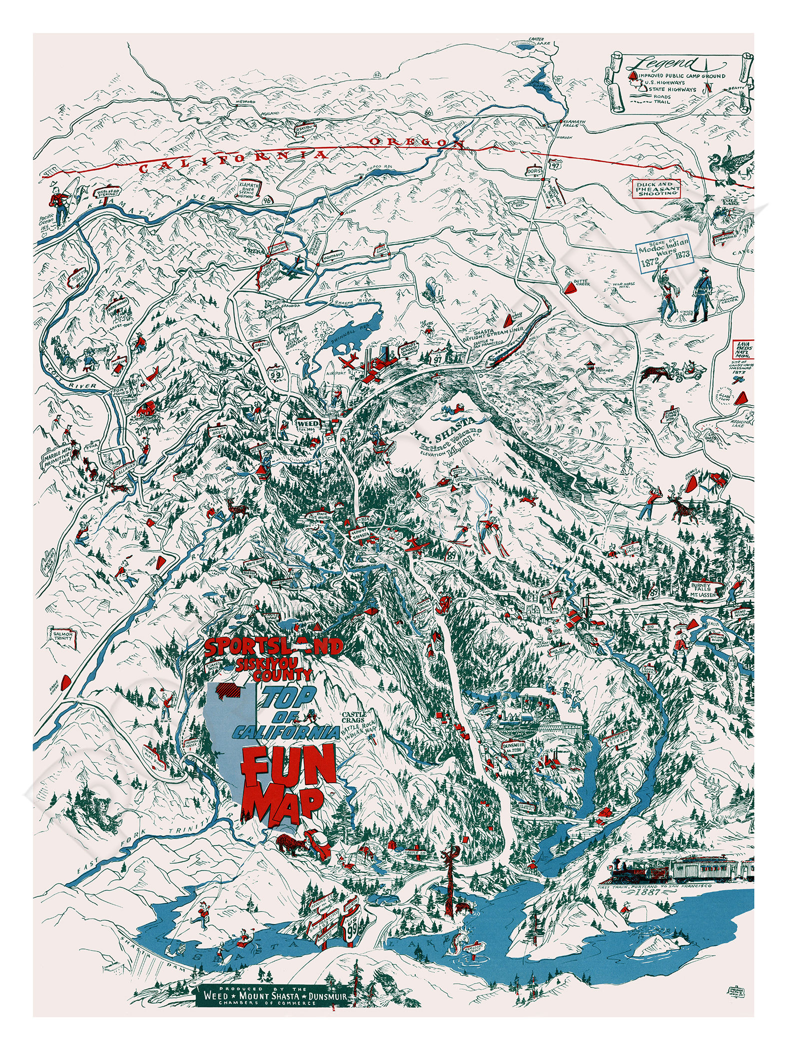 Mount Shasta Pictorial Fun Map 1950 Vintage-Style Poster