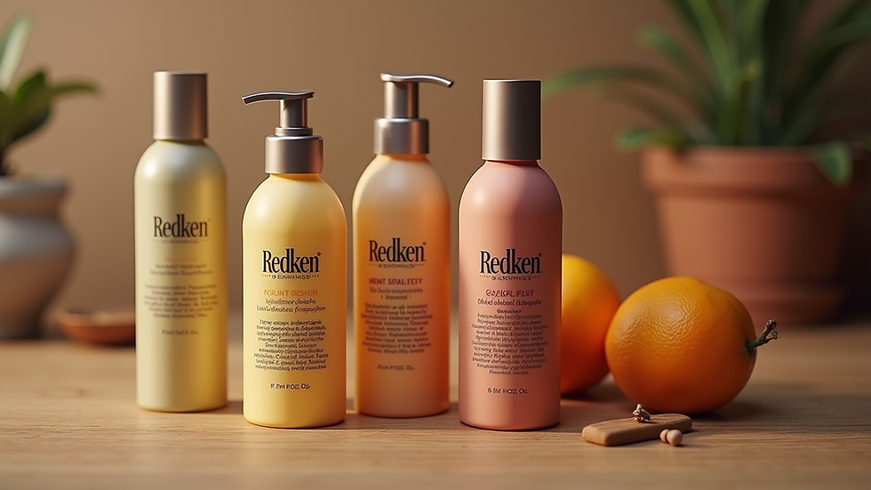 Close-up de frascos de produtos Redken alinhados numa prateleira