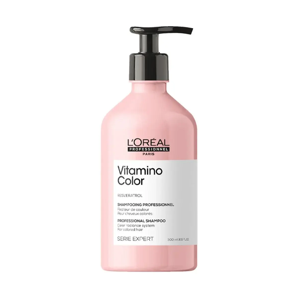Frasco rosa L'Oréal Vitamino Color shampoo profissional para cabelo com cor.