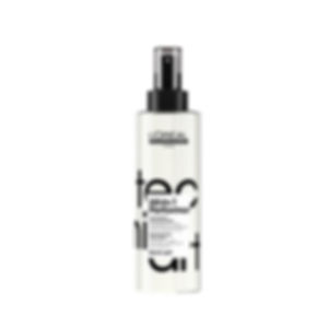 Frasco de spray L'Oréal tecni.art All-in-1 Performer, produto para cabelo, fundo branco.