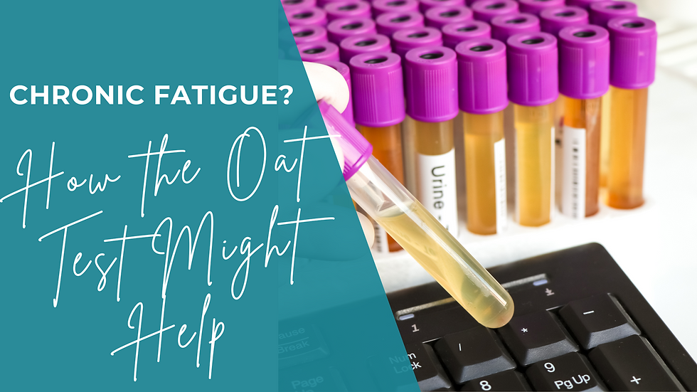 Purple-capped test tubes on a keyboard with text "Chronic Fatigue? How the OAT Test Might Help" on teal background.