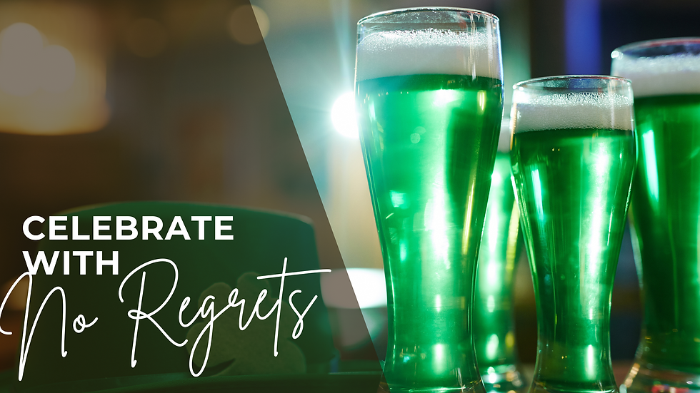 Glasses of green beer on a bar with blurred lights. Text reads "Celebrate with No Regrets," conveying a festive mood.