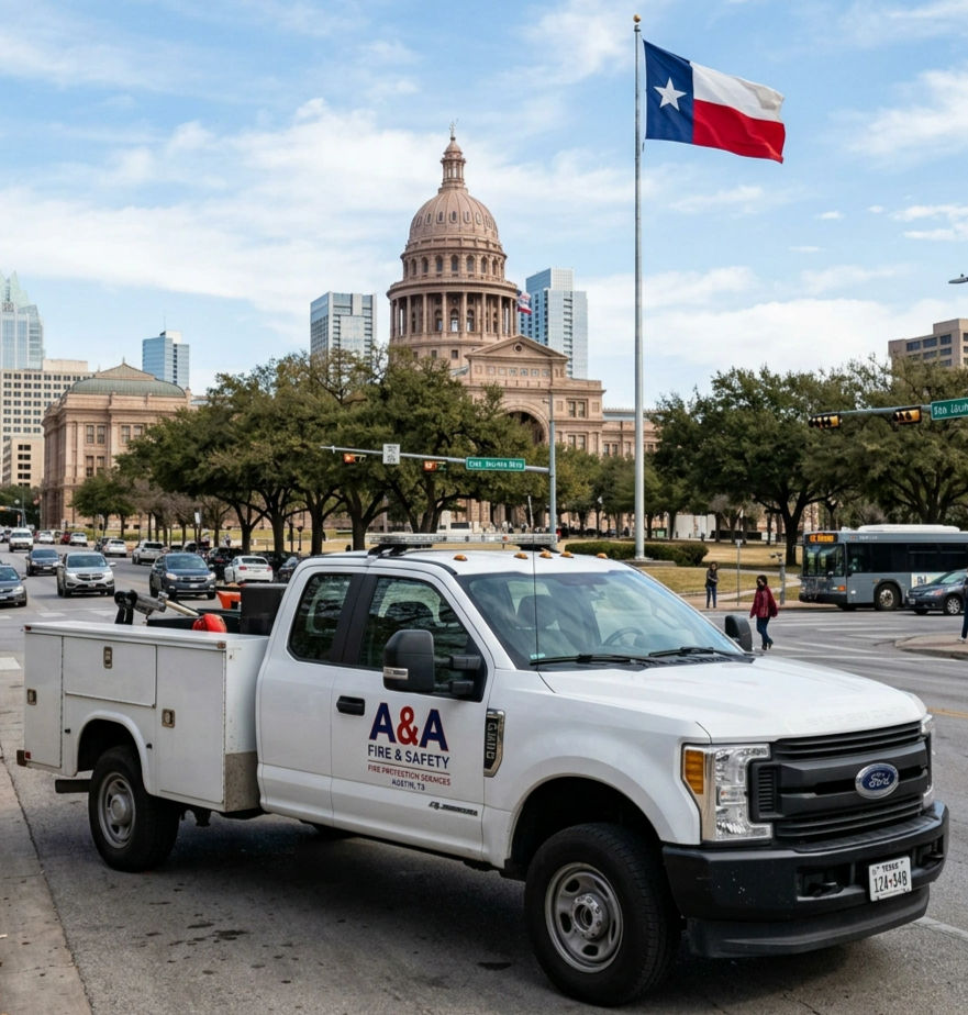 white work truck with A&A Fire & Safety on the side and a Texas flagpole in the background