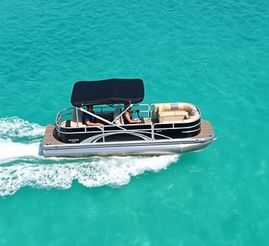 Bigger new dark colored sun tracker brand pontoon with a double black Bimini doing boat to