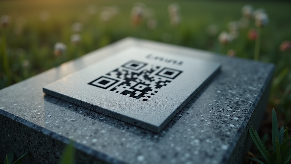 Close-up view of a memorial plaque with a QR code on a gravestone