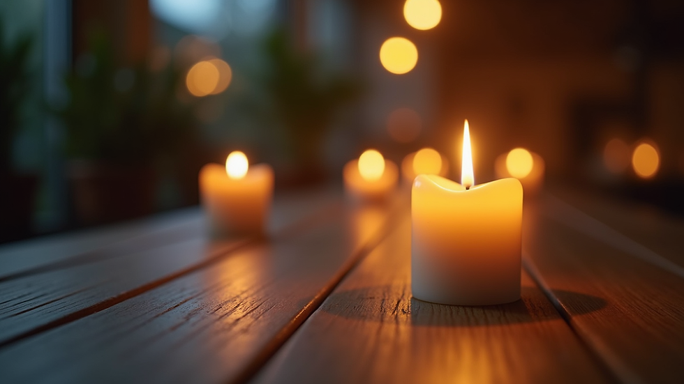 Close-up view of a lit candle on a wooden table symbolising remembrance