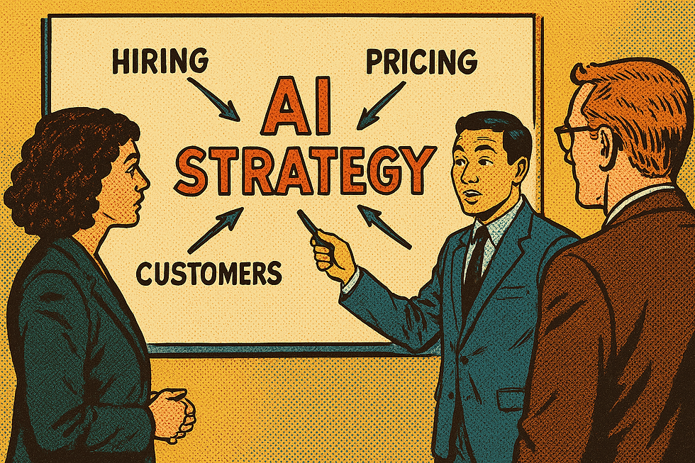 People in business clothes stand around a whiteboard with the words "AI Strategy" and arrows pointing to major business tasks.