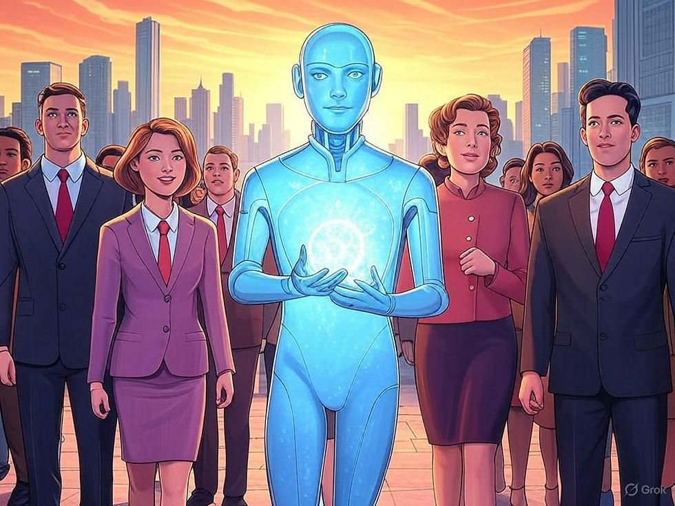 A glowing blue robot stands among people in business attire, set against a city skyline at sunset, conveying unity and progress.