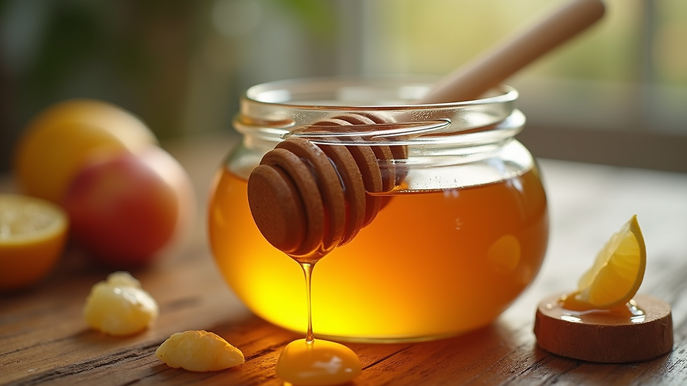 Eye-level view of a jar of raw honey with a wooden honey dipper