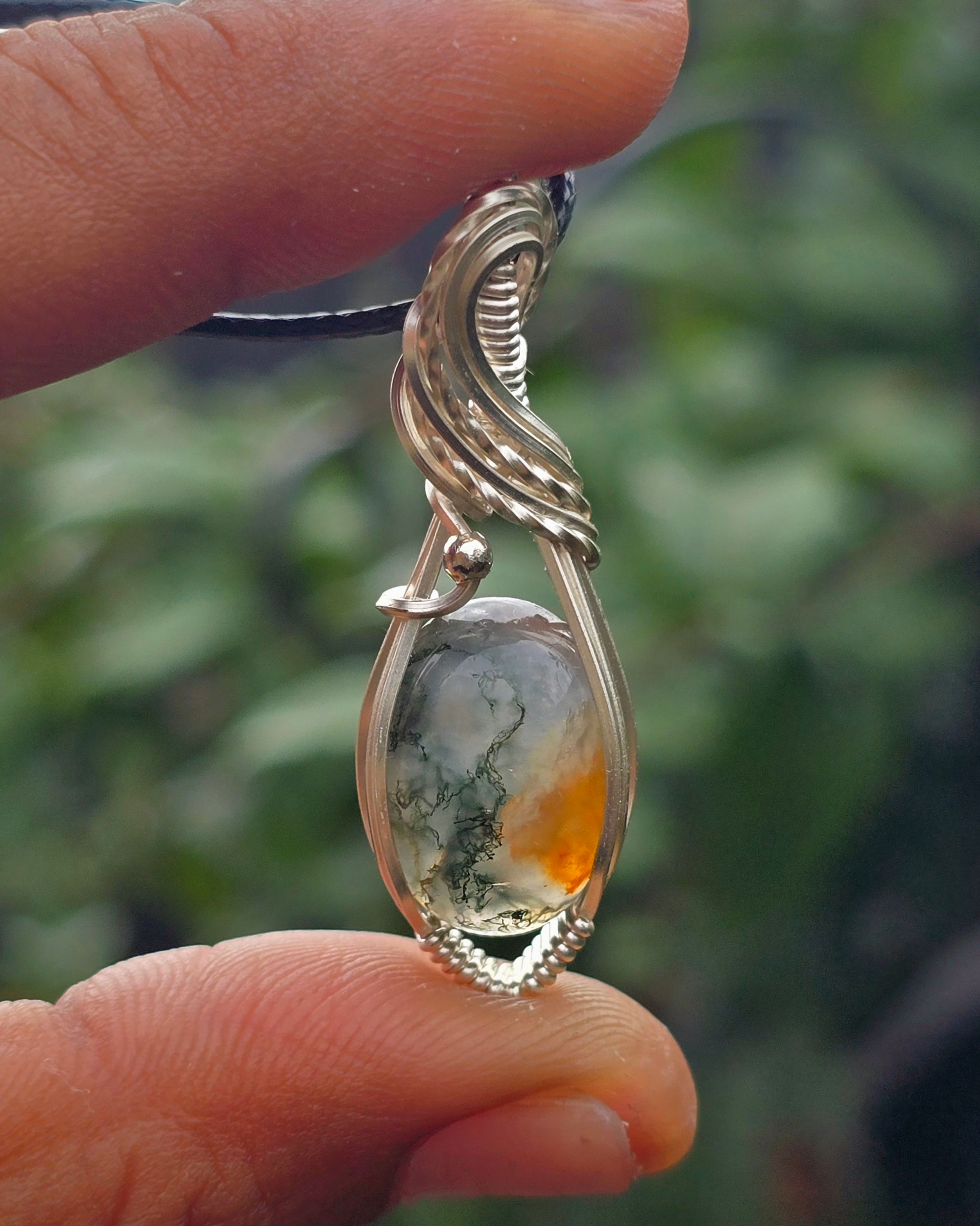 Mini Moss Agate with Carnelian #2 • Silver Plated • Wire Wrapped Pendant