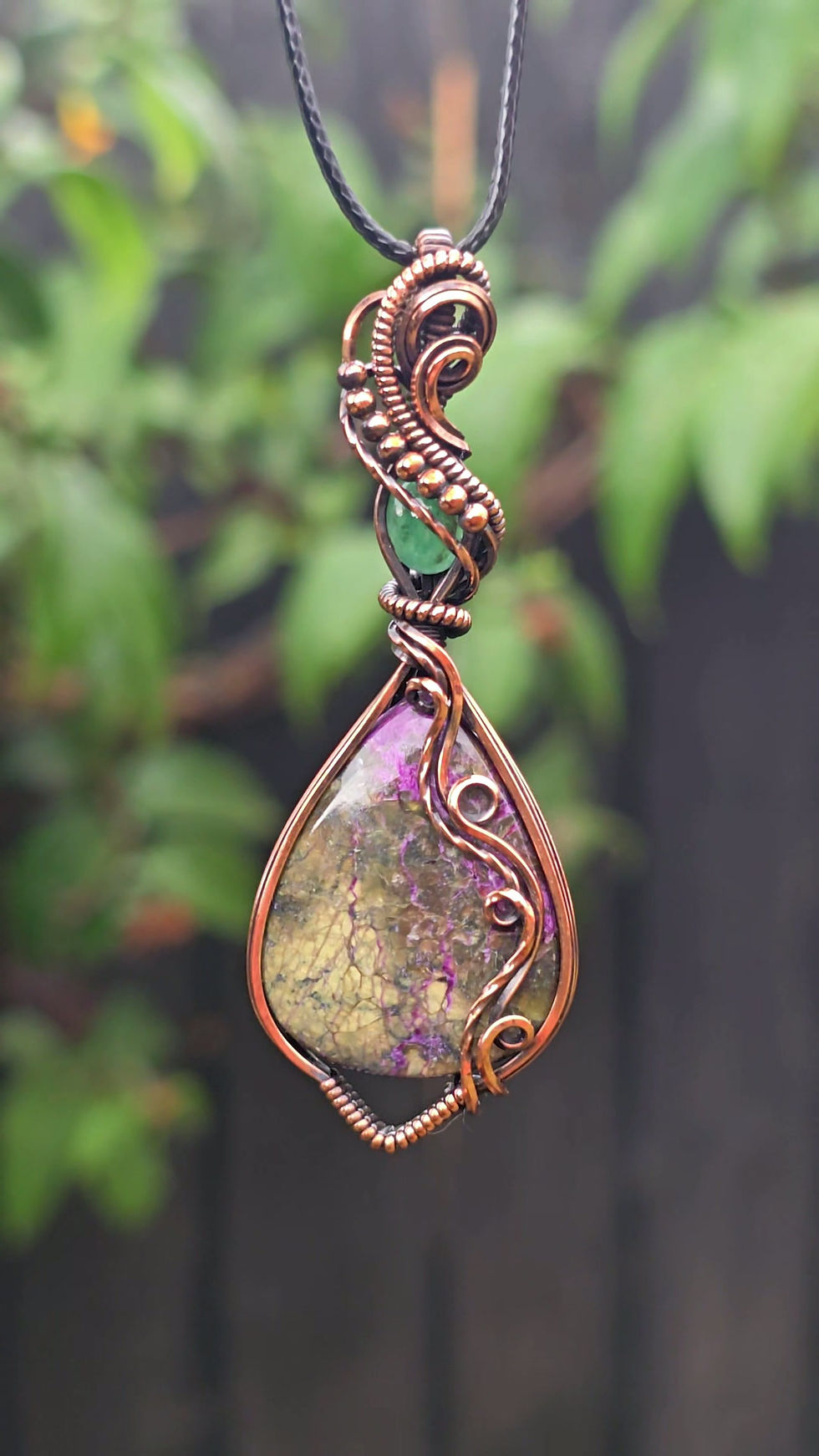 Thumbnail: Stichtite with Serpentine and Emerald • Oxidised Copper • Wire Wrapped Pendant 