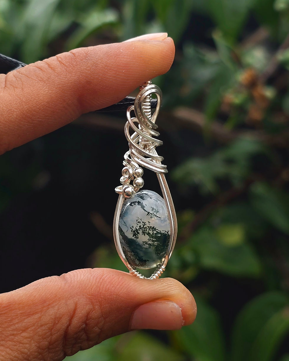 Thumbnail: Mini Moss Agate • Silver Plated • Wire Wrapped Pendant