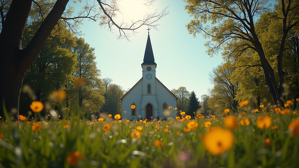 Eye-level view of a serene church building surrounded by nature