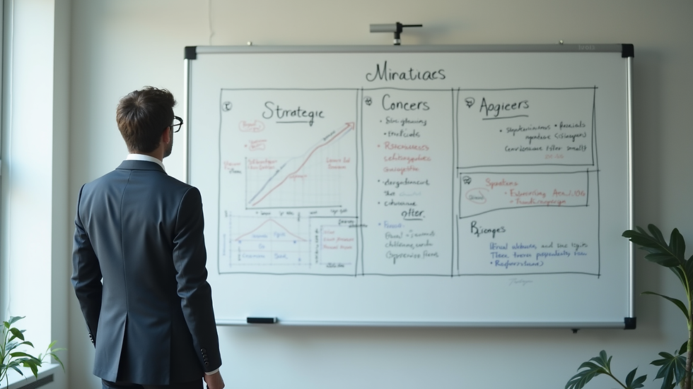 Eye-level view of a person standing confidently in front of a whiteboard with strategic plans