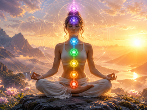 Woman meditating glowing chakras