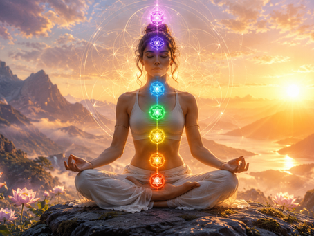 Woman meditating glowing chakras