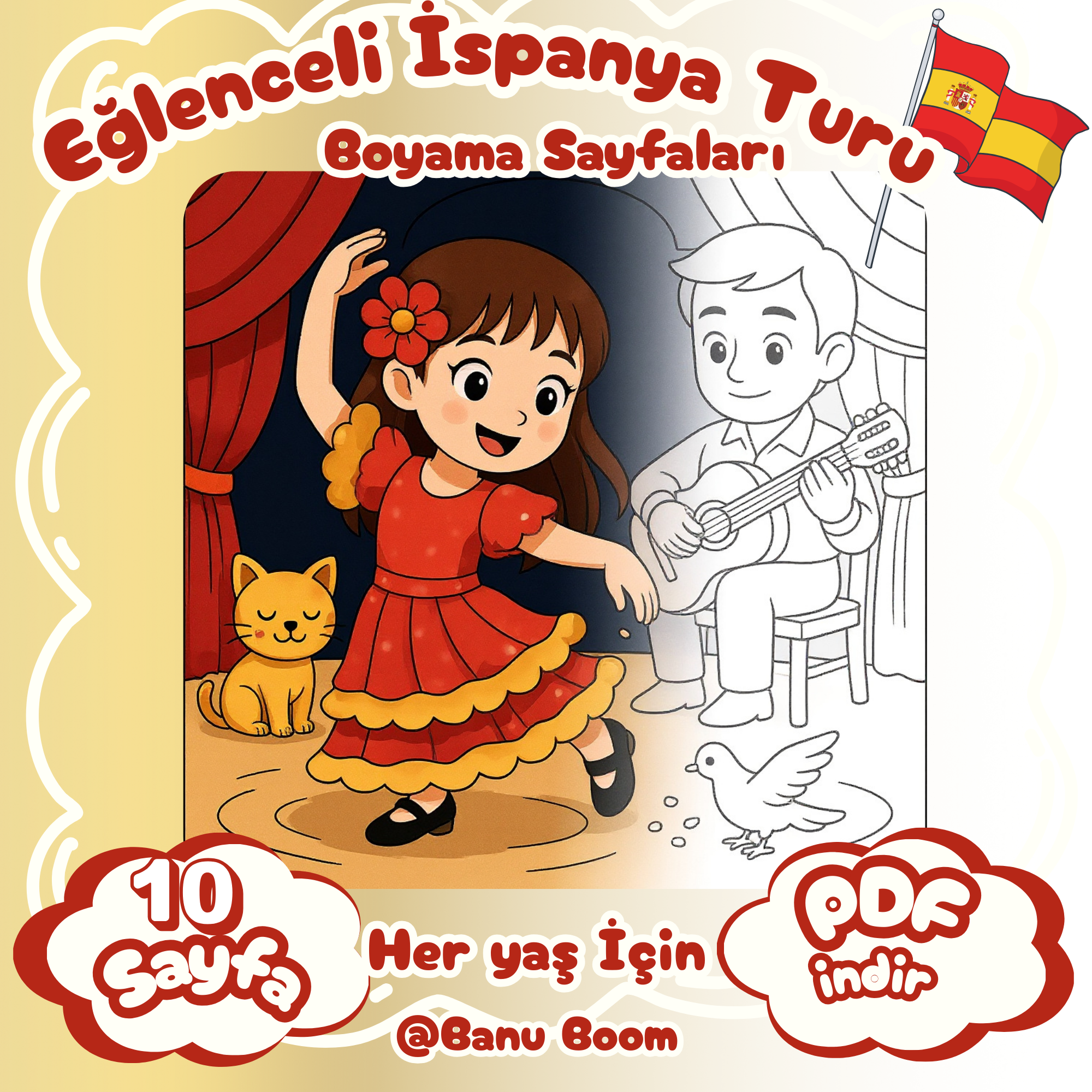 Eğlenceli İspanya Turu: 10 Sayfa İspanya Temalı Boyama Sayfası (PDF, A4)