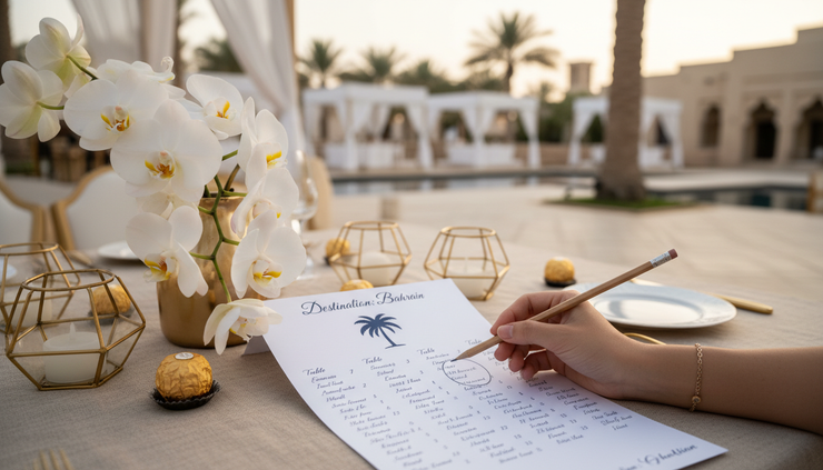 Close-up view of a wedding planner checking a printed seating plan beside floral arrangements