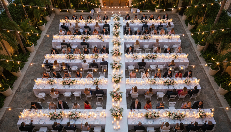 Overhead view of a resort courtyard prepared for an evening wedding dinner