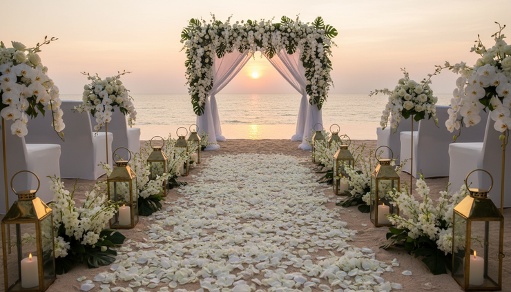 Eye-level view of a tropical beach wedding aisle lined with orchids and lanterns at sunset.