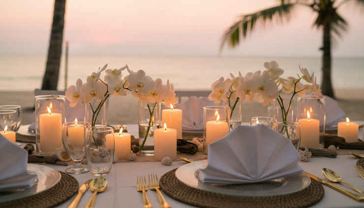 Close-up view of a tropical wedding table with orchids, candles, and folded linen near the sea
