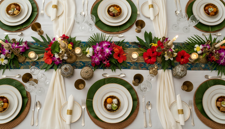 Top-down view of a wedding table setting with tropical flowers and Indian sweets