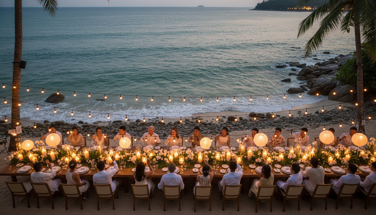 Overhead view of a candlelit tropical wedding dinner beside the sea after sunset