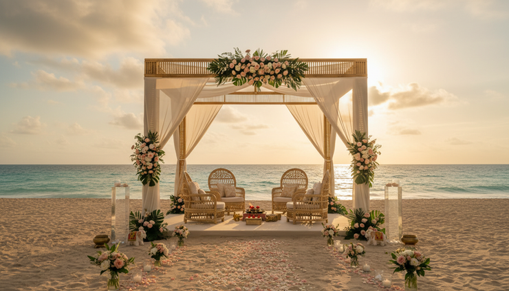 Wide-angle view of a seaside wedding mandap with guests seated near the water
