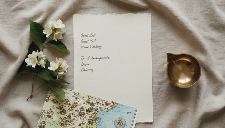 Overhead view of a wedding checklist beside fresh flowers and a folded travel map