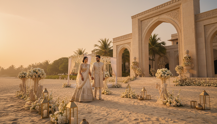 Wide-angle view of a couple walking between a beach setting and palace arches.