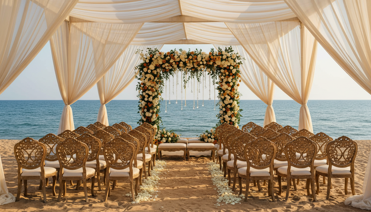 Close-up view of wedding seating on sand with a palace-inspired floral arch nearby.