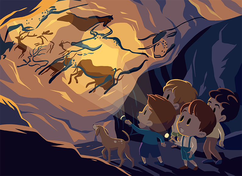 Un groupe de garçons explore une grotte, deux d’entre eux tiennent une lampe de poche. Ils découvrent des dessins rupestres. Dans l’ensemble, l’image capture l’esprit d’aventure et de découverte de la jeunesse.