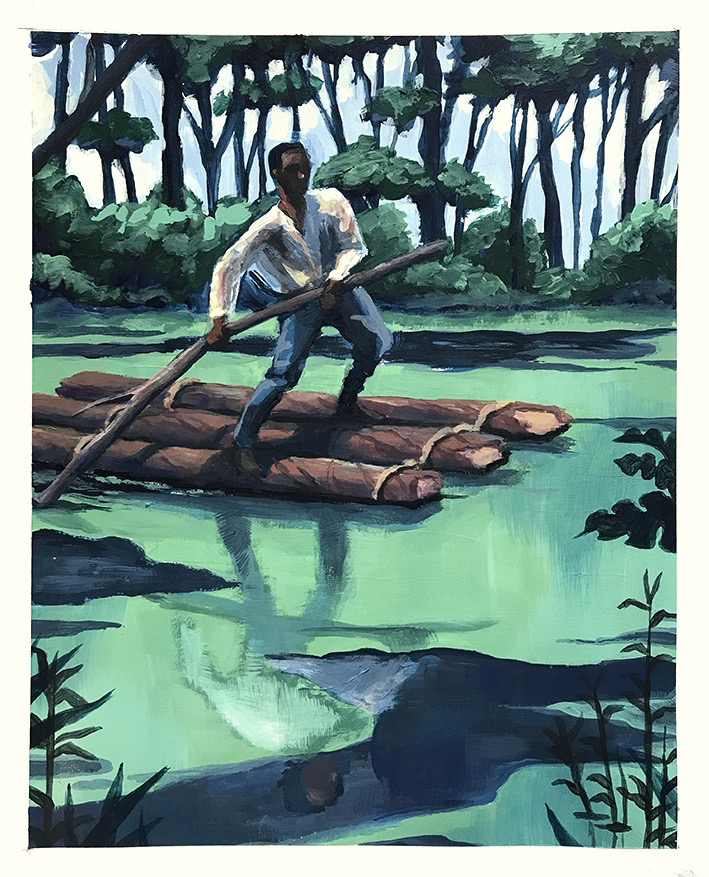 Sur cette image on voit un homme sur un radeau. Il est noir. c'est un esclave en fuite. Le décors représente une nature hostile.
