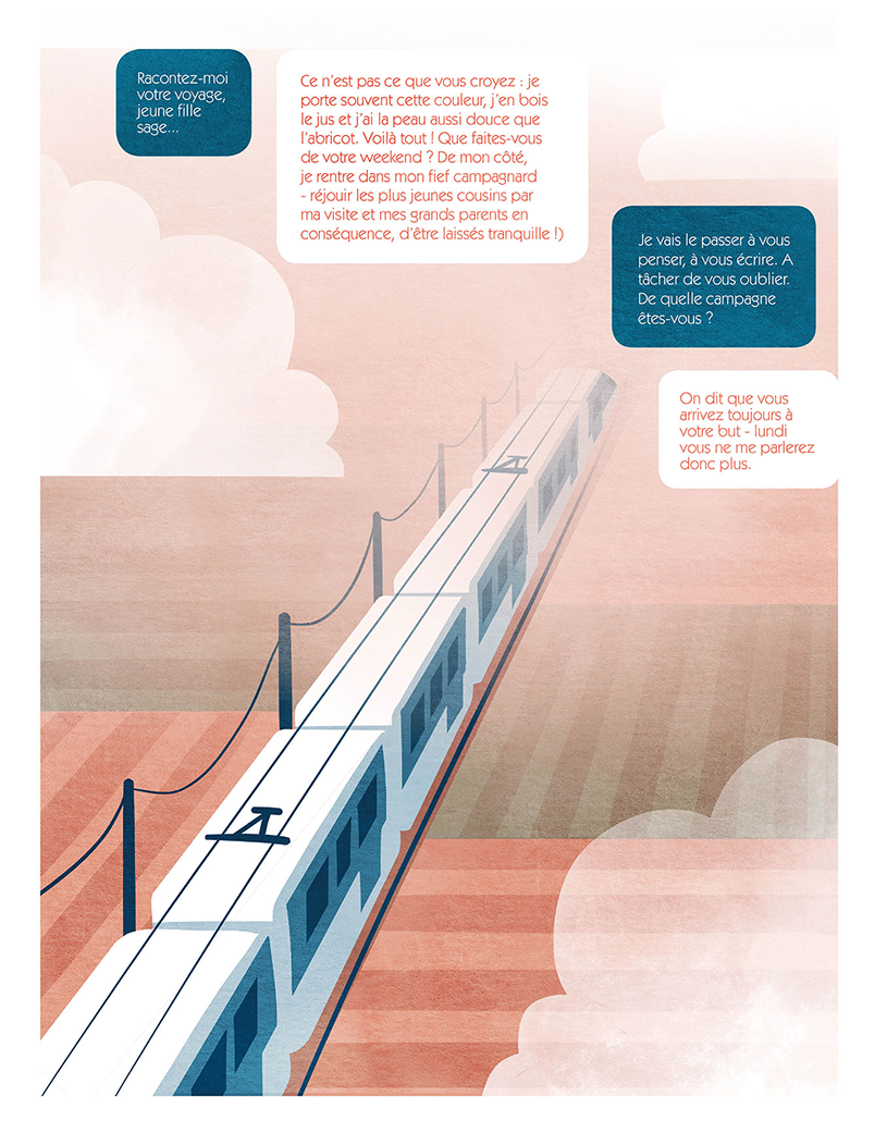 L'image représente un train de façon stylisé qui sort de la brume
