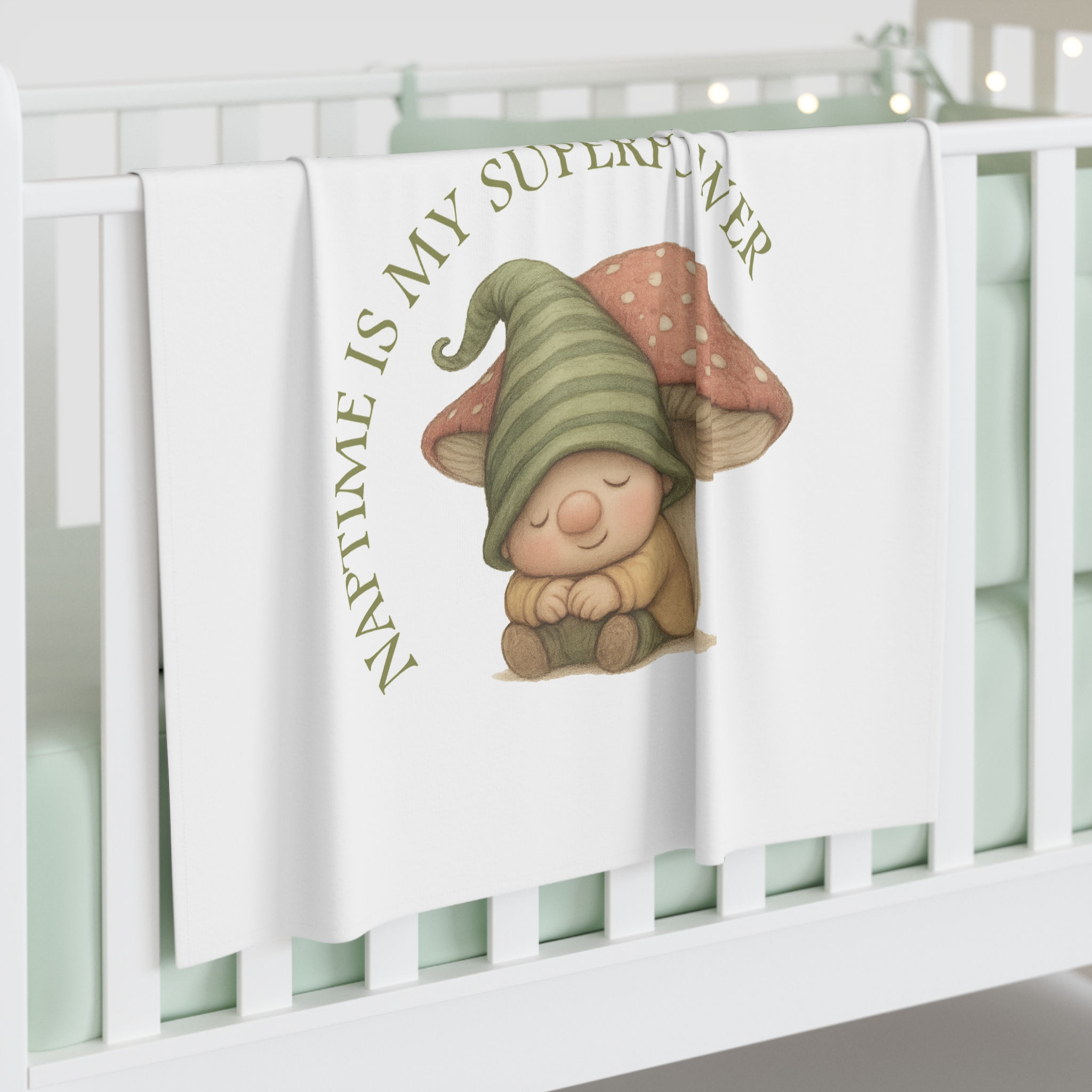 Baby Swaddle Blanket — "Naptime Is My Superpower" Mushroom Gnome Swaddle
