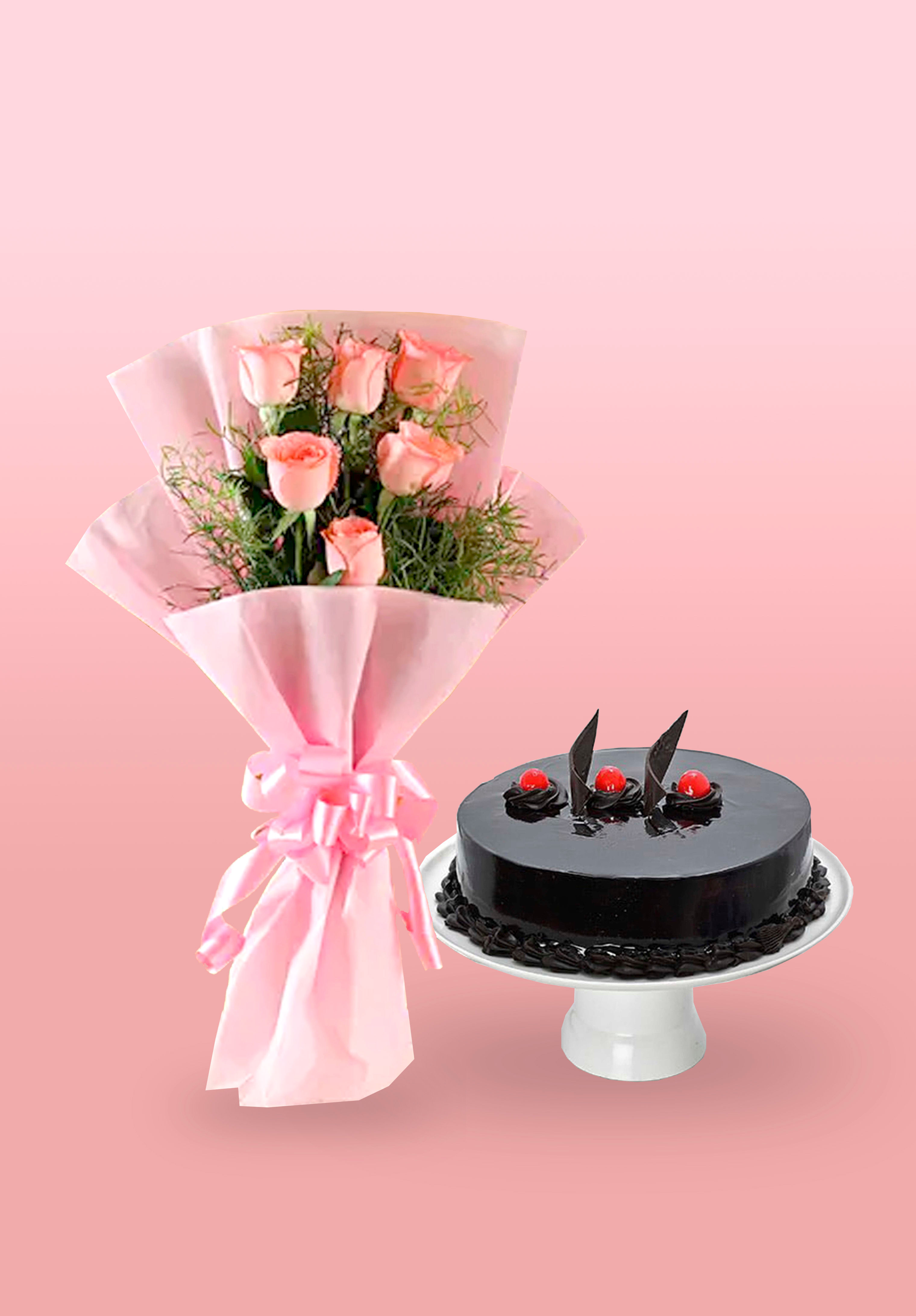 Pink Rose Bunch & Choco Truffle Cake