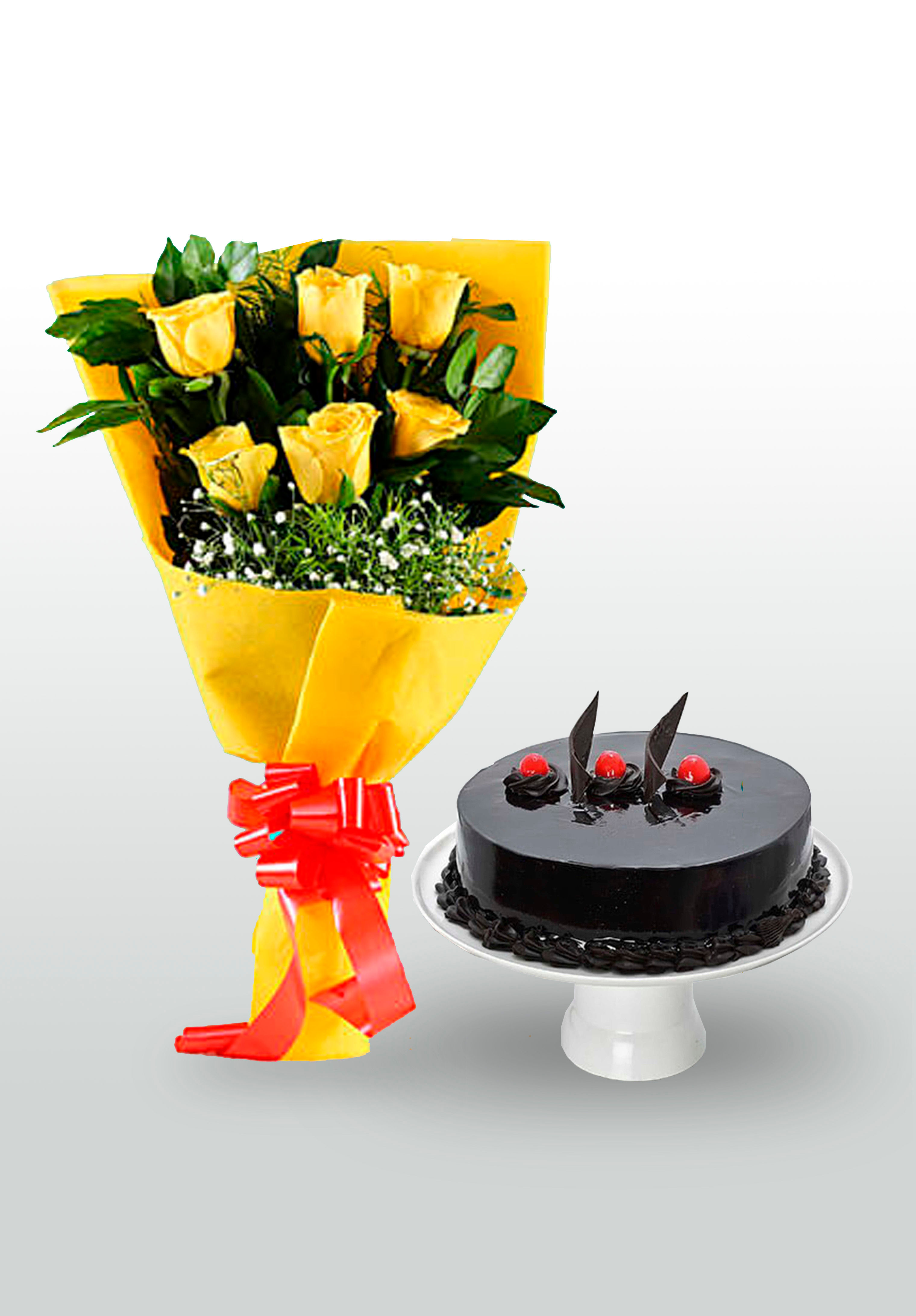 Yellow Roses & Choco Truffle Cake