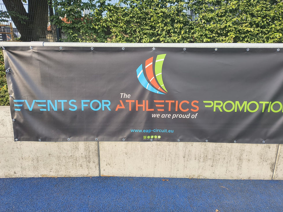 "Banner for 'Events For Athletics Promotion' displayed at an athletic venue, highlighting support for sports and activities through the European Athletic Promotion network."
