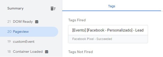 Tag do evento de Lead acionada