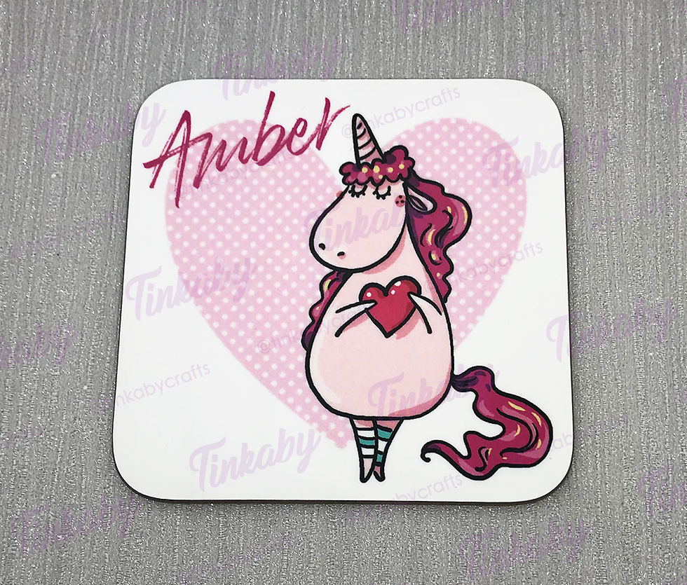 Thumbnail: Personalised pink heart unicorn coasters