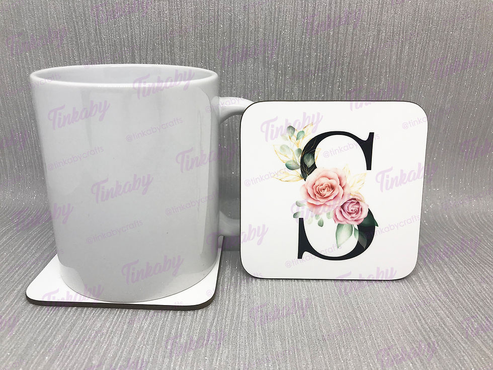 Thumbnail: Black initial with pink watercolour flowers on a coaster