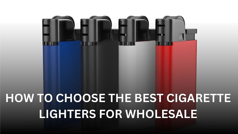 Four lighters in blue, black, white, and red stand upright. Text below reads "How to Choose the Best Cigarette Lighters for Wholesale."