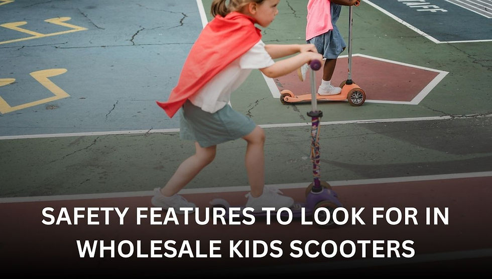 Children wearing red capes ride scooters on a colorful playground. Text reads: "Safety features to look for in wholesale kids scooters."