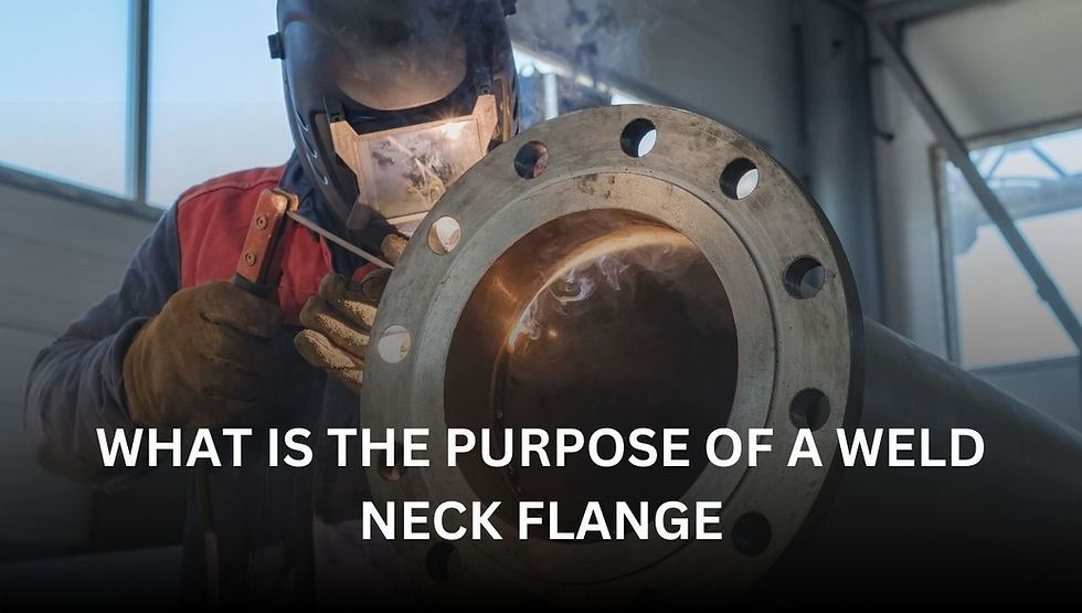 Welder in protective gear works on a metal flange, emitting sparks. Text: "What is the purpose of a weld neck flange?" Industrial setting.