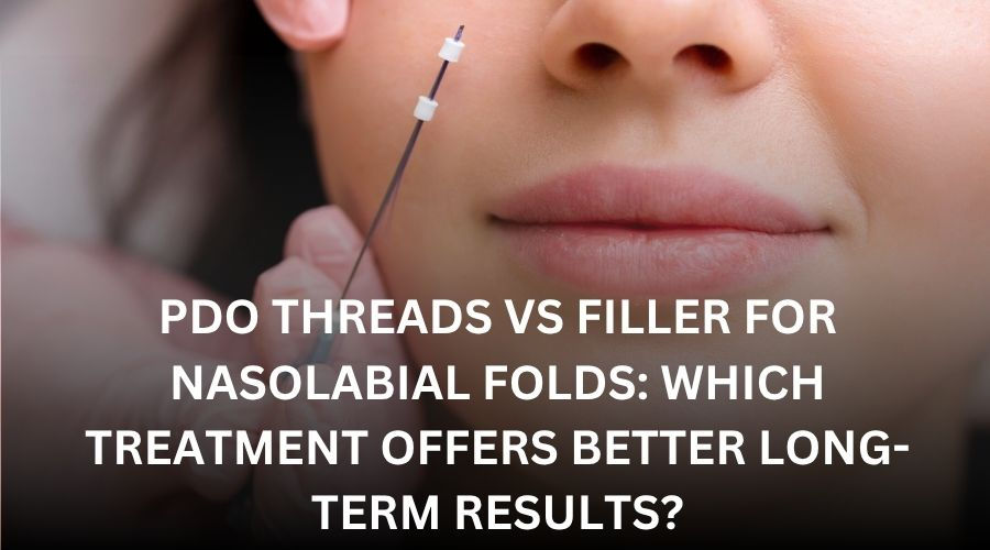 Close-up of a person's face with a hand holding a thin needle near the cheek. Text: "PDO Threads vs Filler for Nasolabial Folds..."
