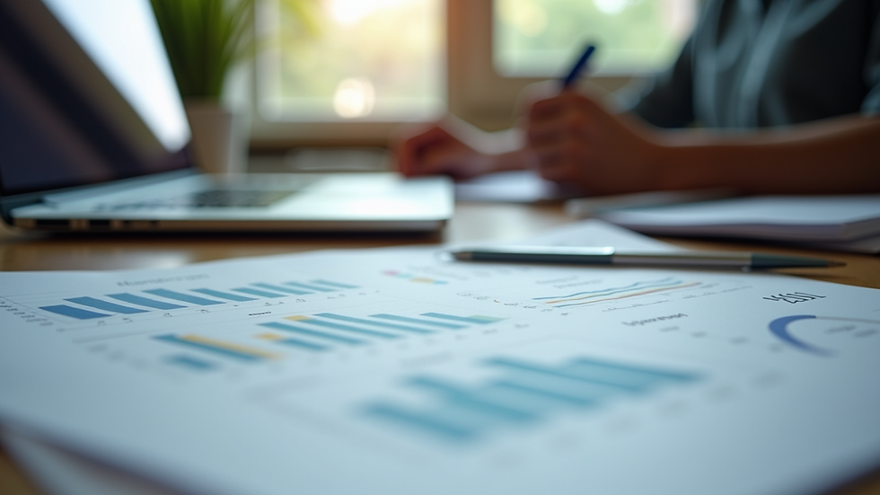 Eye-level view of a neat desk with a laptop and financial documents
