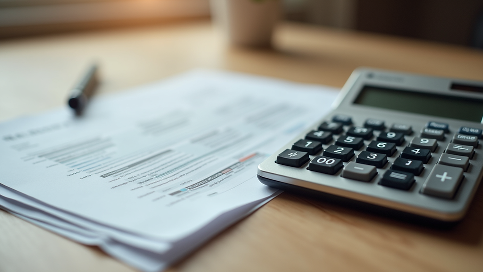 Close-up view of a calculator and financial documents on a wooden table