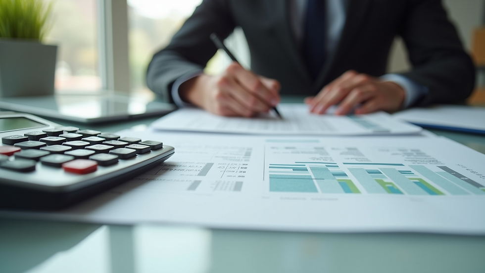 Eye-level view of a desk with financial documents and a calculator
